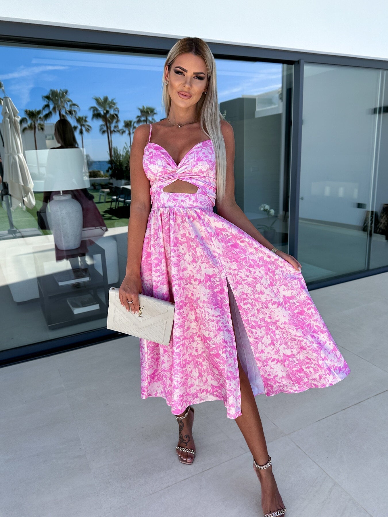 Suspender Floral Personality Hollow Out Cutout out Cropped Outfit Split Dress