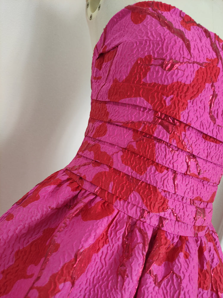 Sexy A line Strapless Satin Pink Floral Vacation Dresses Short Birthday Dress - View 4 | VelvetHem