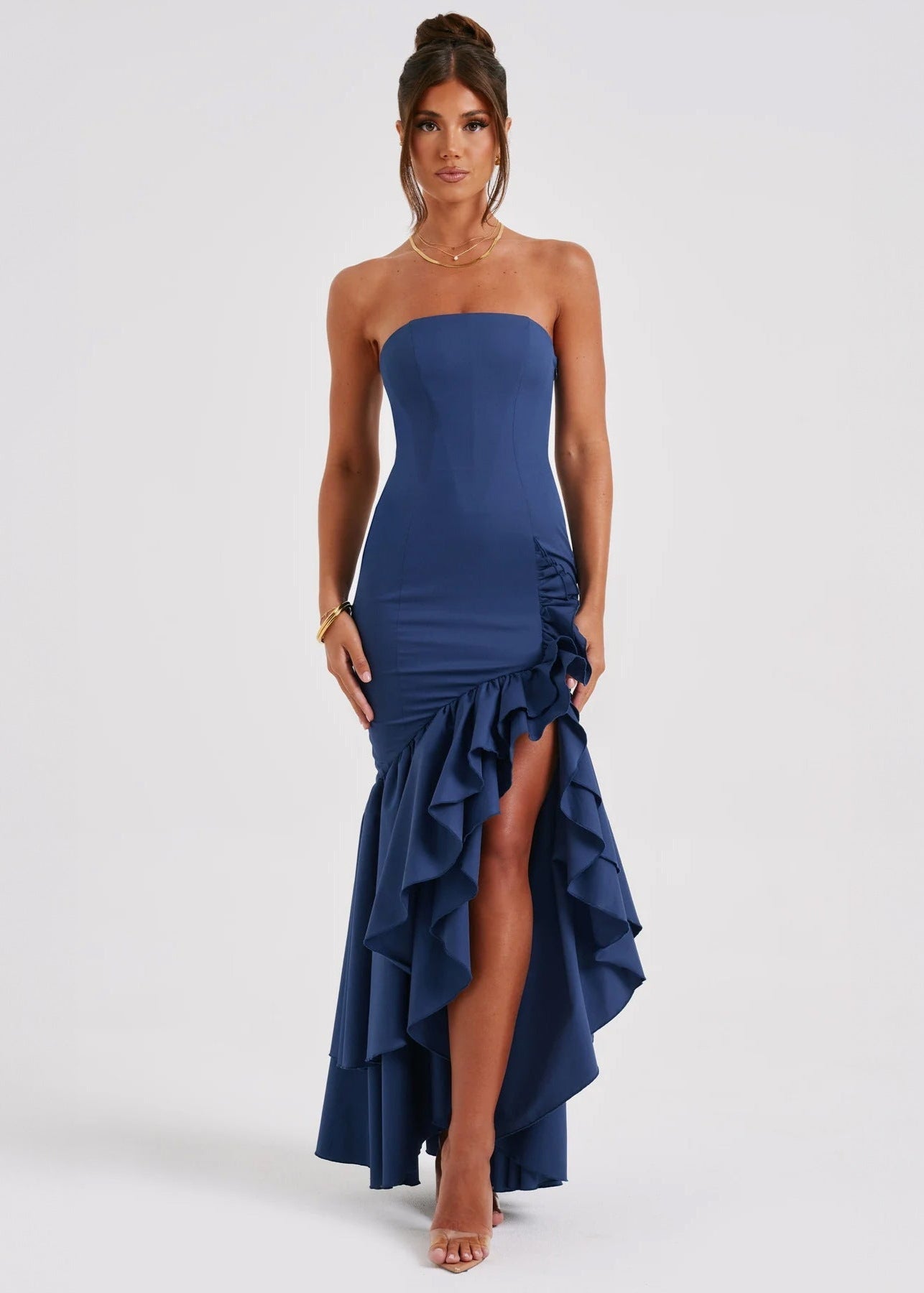 Midnight Cascade Strapless Ruffled Maxi Dress