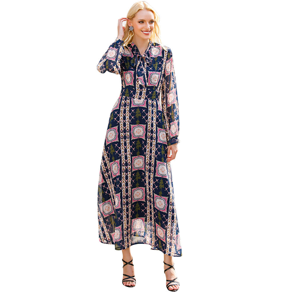 Scarf Collar Long Sleeve High Waist Dress Fresh Long Sweet Dress