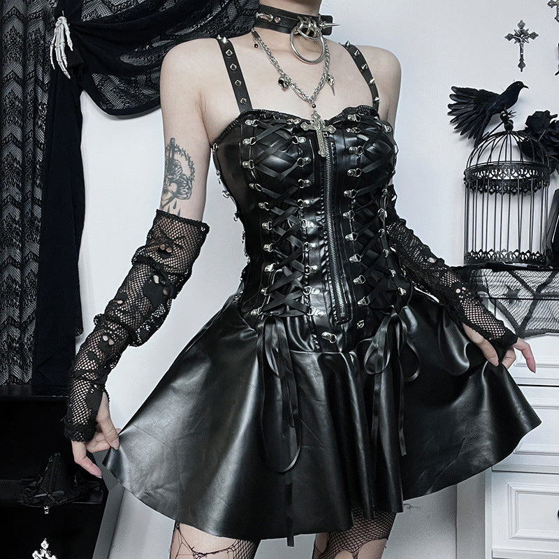 Lace up PU leather sweetheart neck solid zip-up mini dress