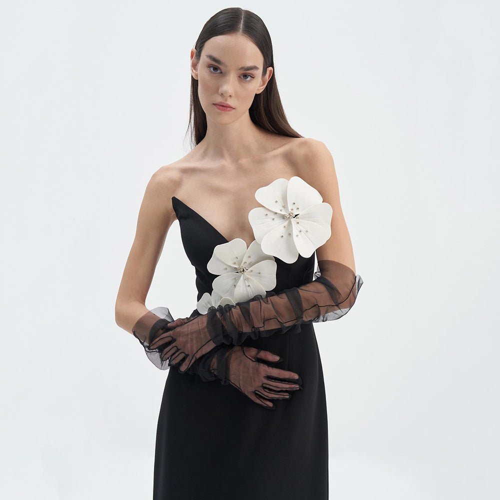 Black Tube Top Dress Floral Diamond Core Split off - Shoulder Design