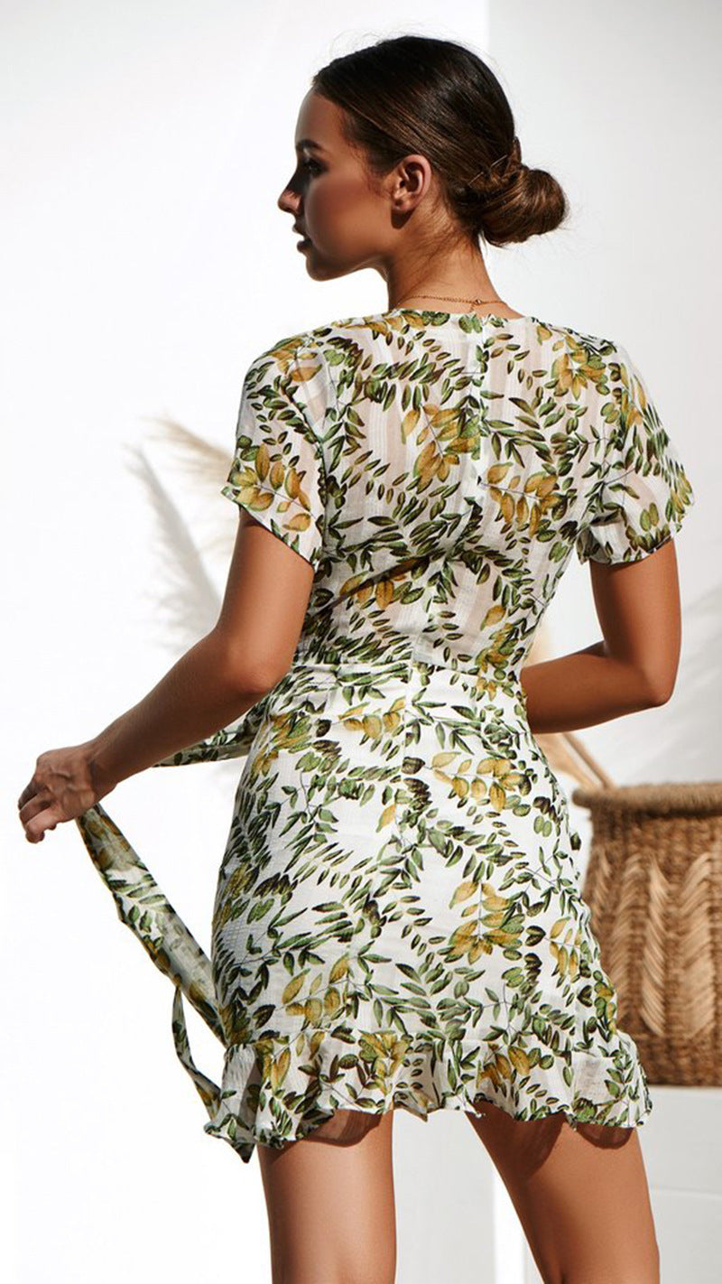 Deep V Neck Short Sleeve Printed Mini Dress