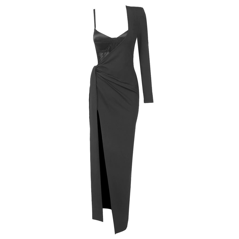 Stitching High Slit Shoulder Formal Dress Sling Vest Two Piece Set Casual Set