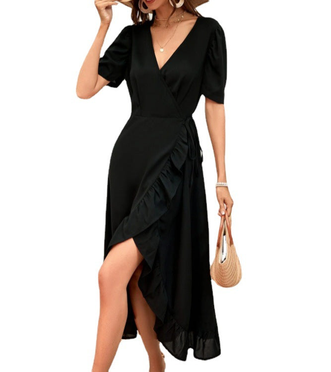 Red Carpet Ruffle Wrap High Low Maxi Dress Black FINAL