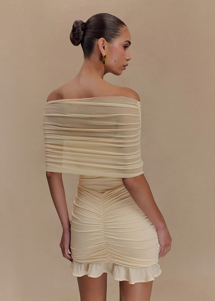 Off Shoulder Mesh Ruched Mini Dress