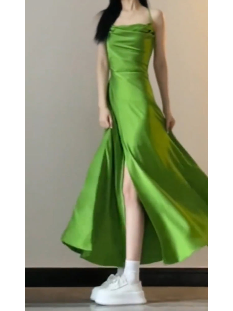 Sexy A line Spaghetti Straps Green Holiday Dress Satin Birthday Dresses Birthday Outfits - View 2 | VelvetHem