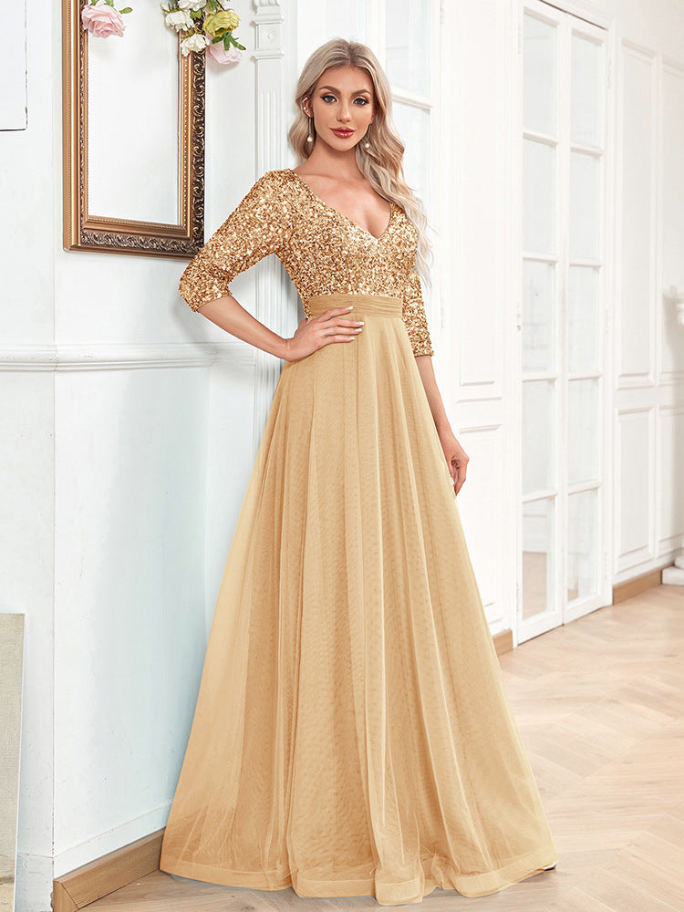 V neck Short Sleeve Sequined Tulle A line Floor Elegant Prom Evening Party Dress