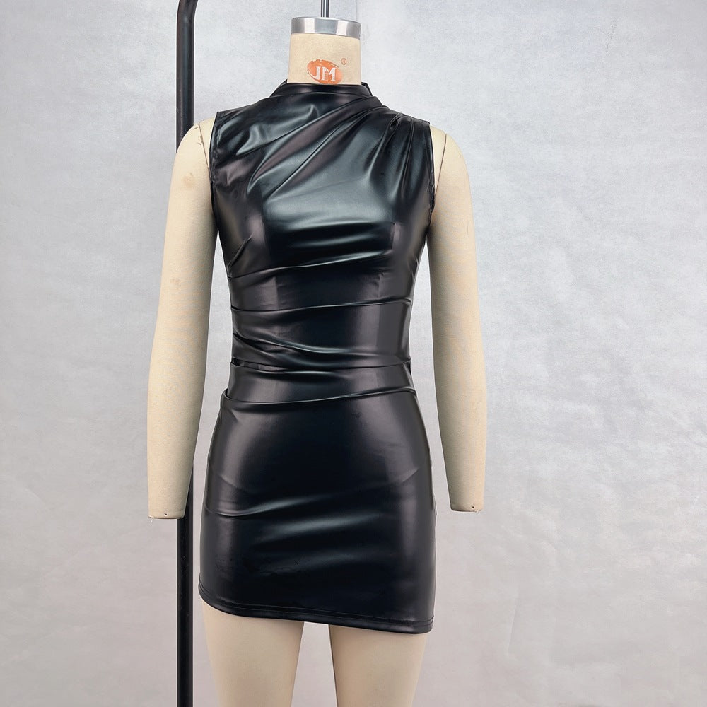 StCollar Sleeveless Pleated Waist Tight Sheath Dress Irregular Asymmetric Faux Leather