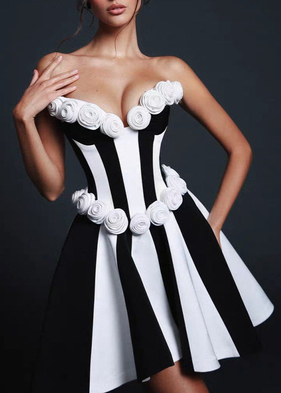 Monet Strapless Rosette Mini Dress Black & White Sculpted Fit and Flare