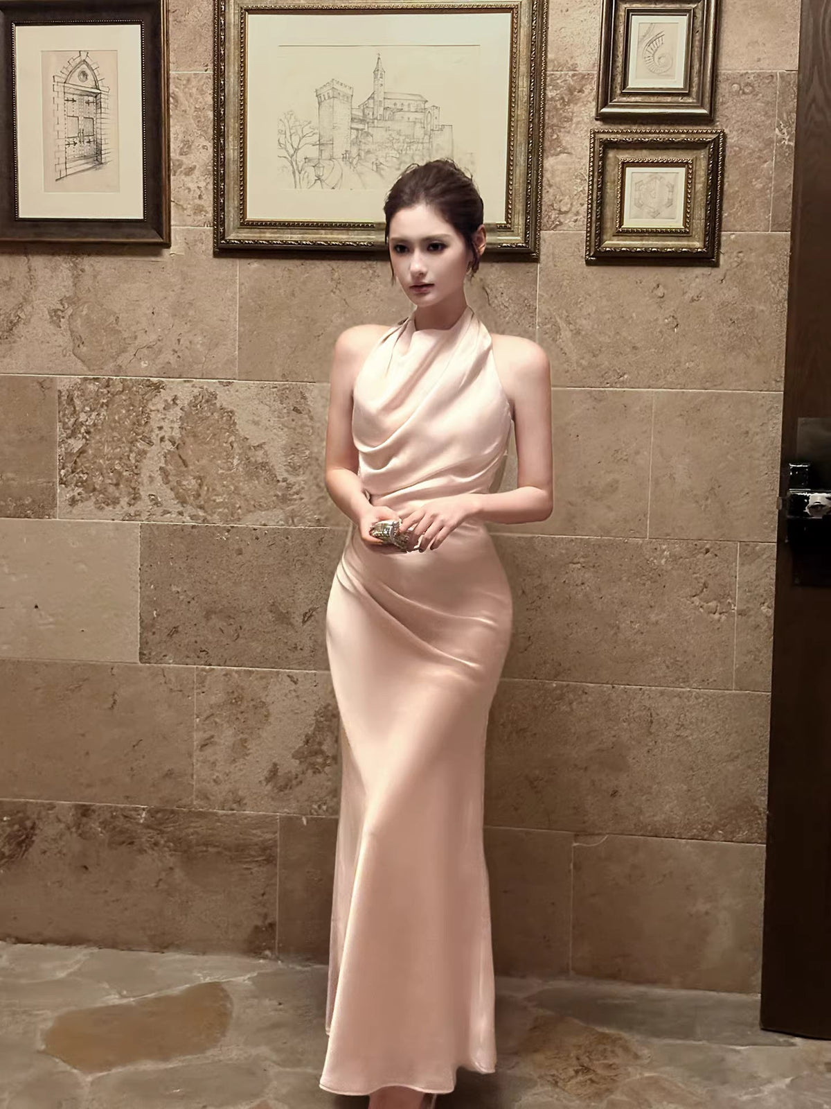 Pink Halter Elegant Mermaid Ankle Length Prom Dresses Party Birthday Outfits