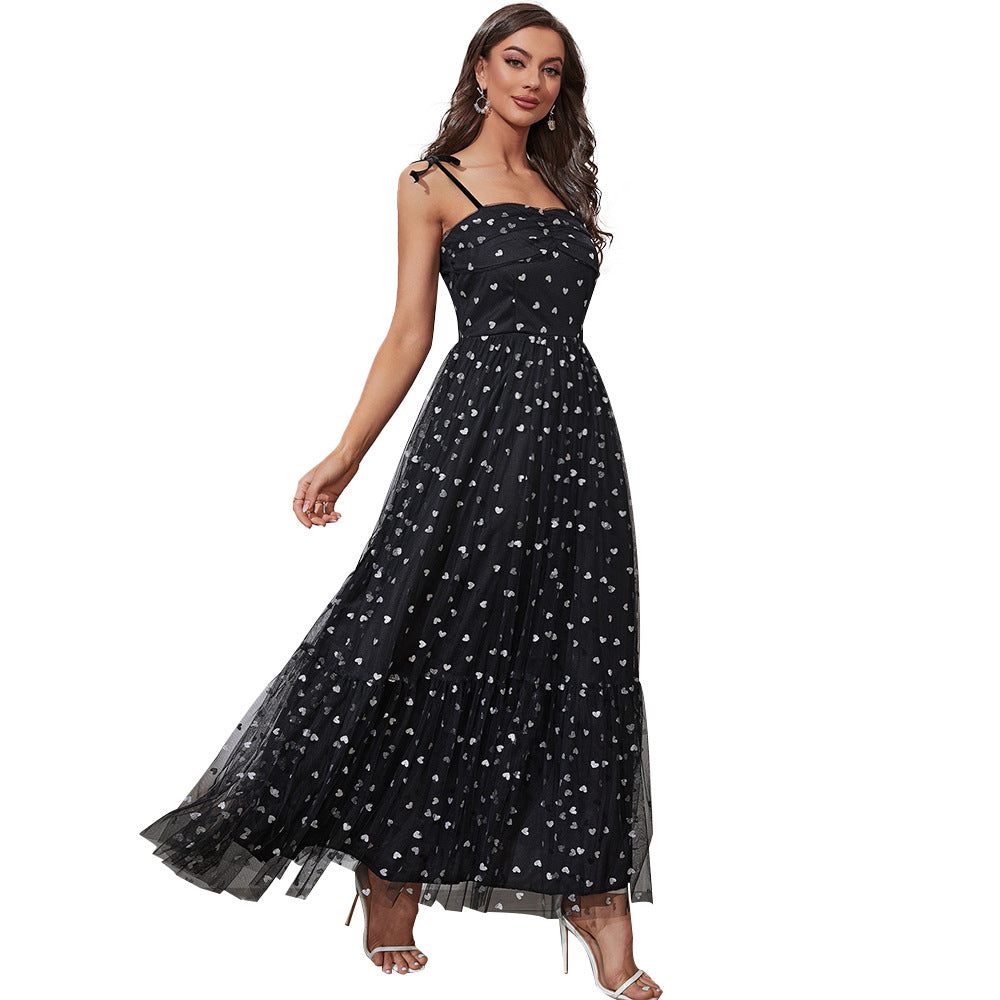 Suspender Dot Mesh High Waist Office Cami Dress