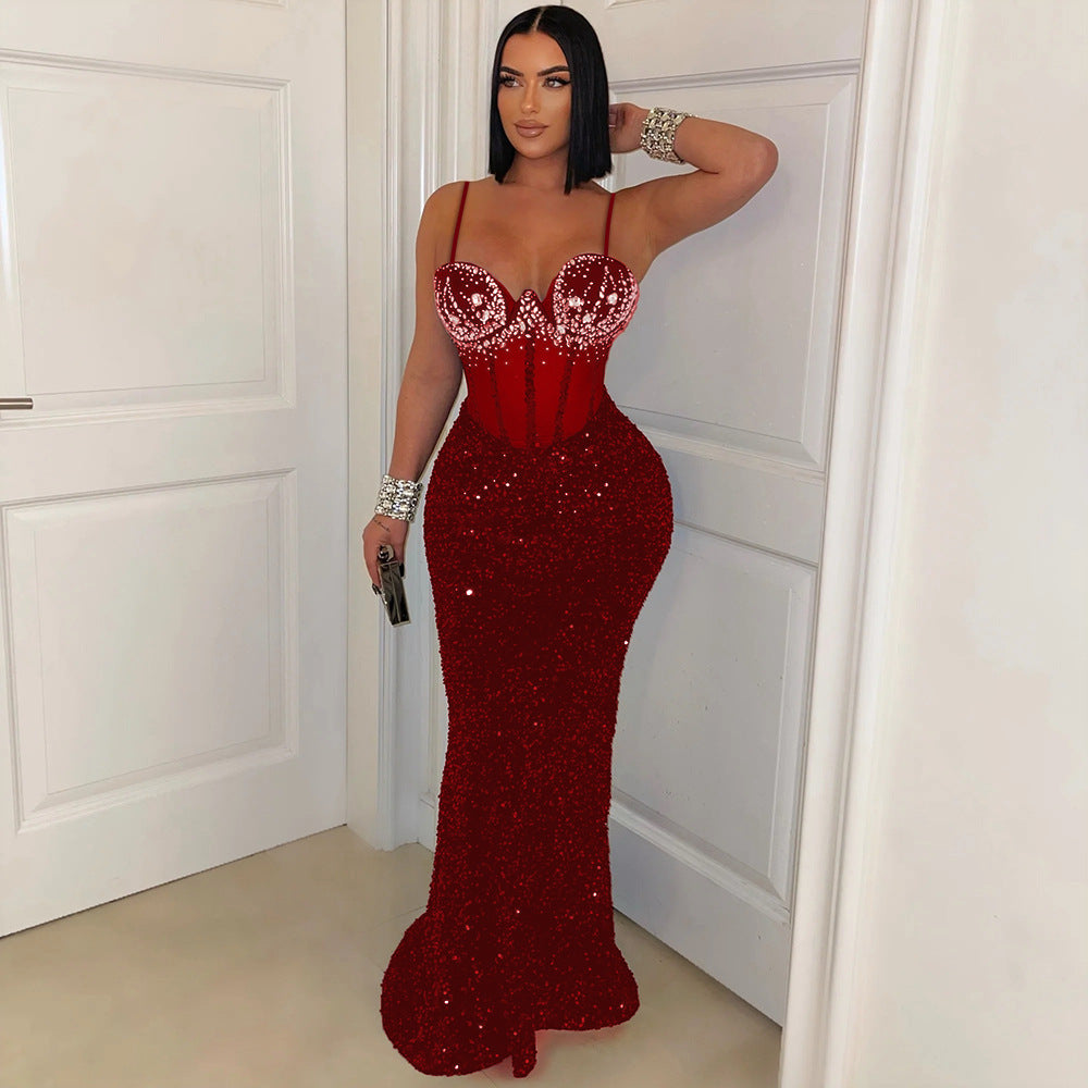 Velvet Sequined Party Dress Dress Rhinestone Strap Dress Sheath