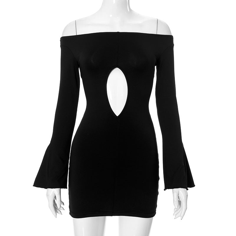 Off Neck Micro Pull Long Sleeve Hollow Out Cutout Out Cropped Hip Wrapped Short Dress