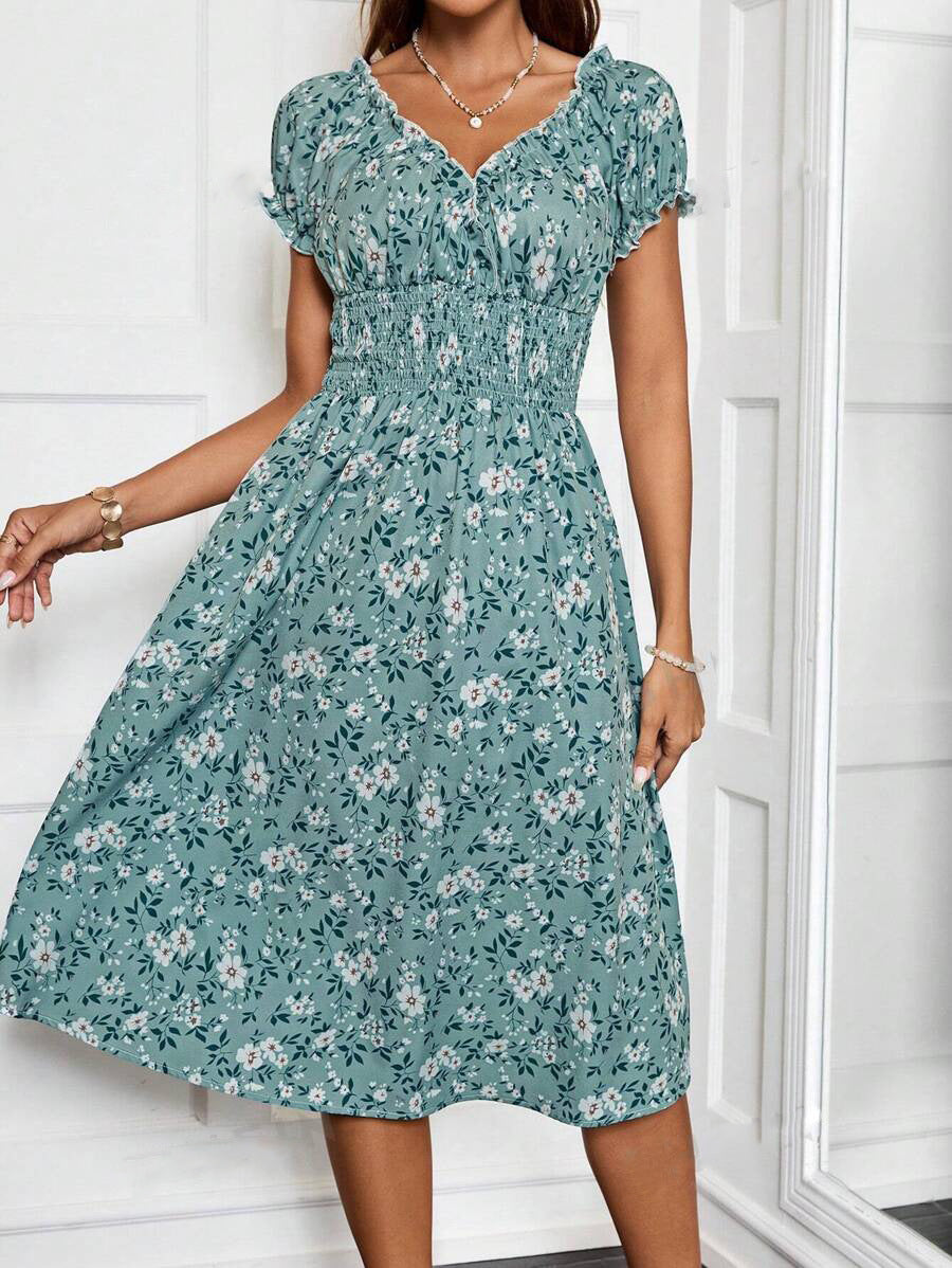 Julia Statement Women's Floral Midi Dress with Elastic Waist and Ruffle Details Evening Wear Edit