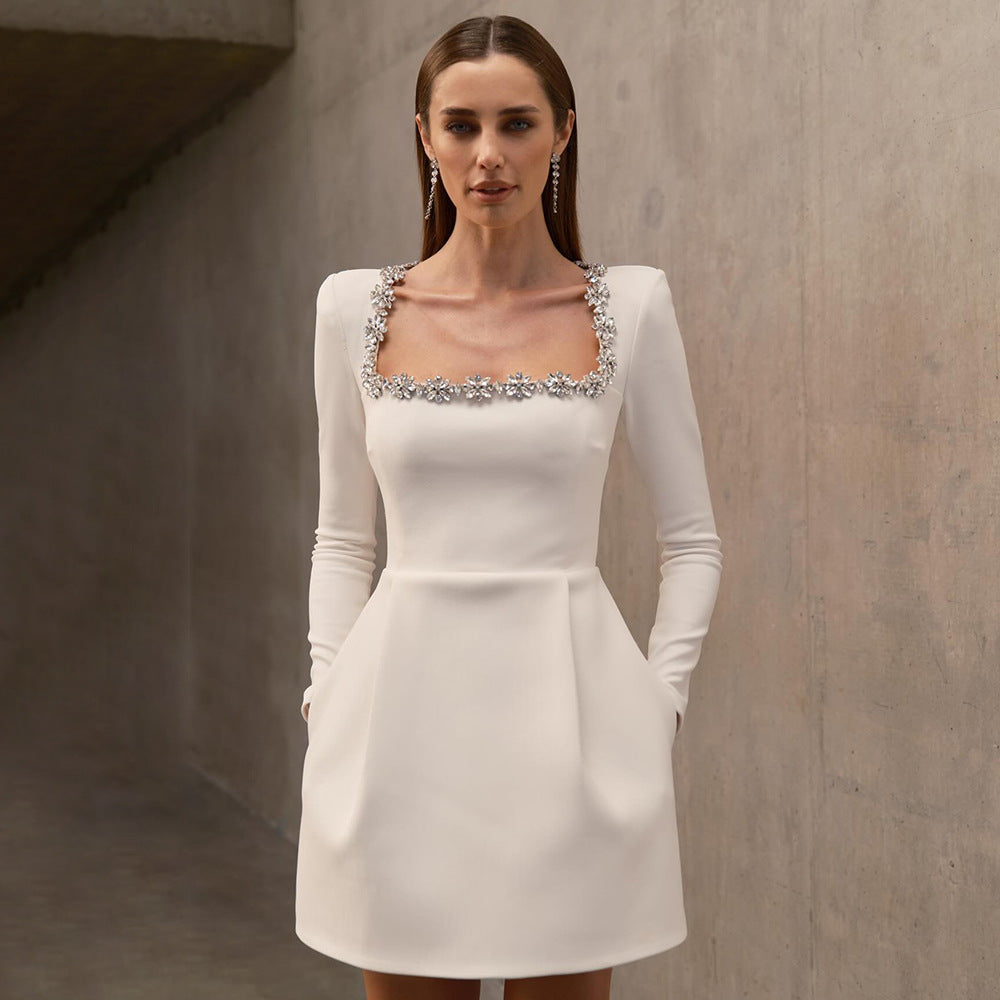 Bead Long Sleeve Stretch Dress A line