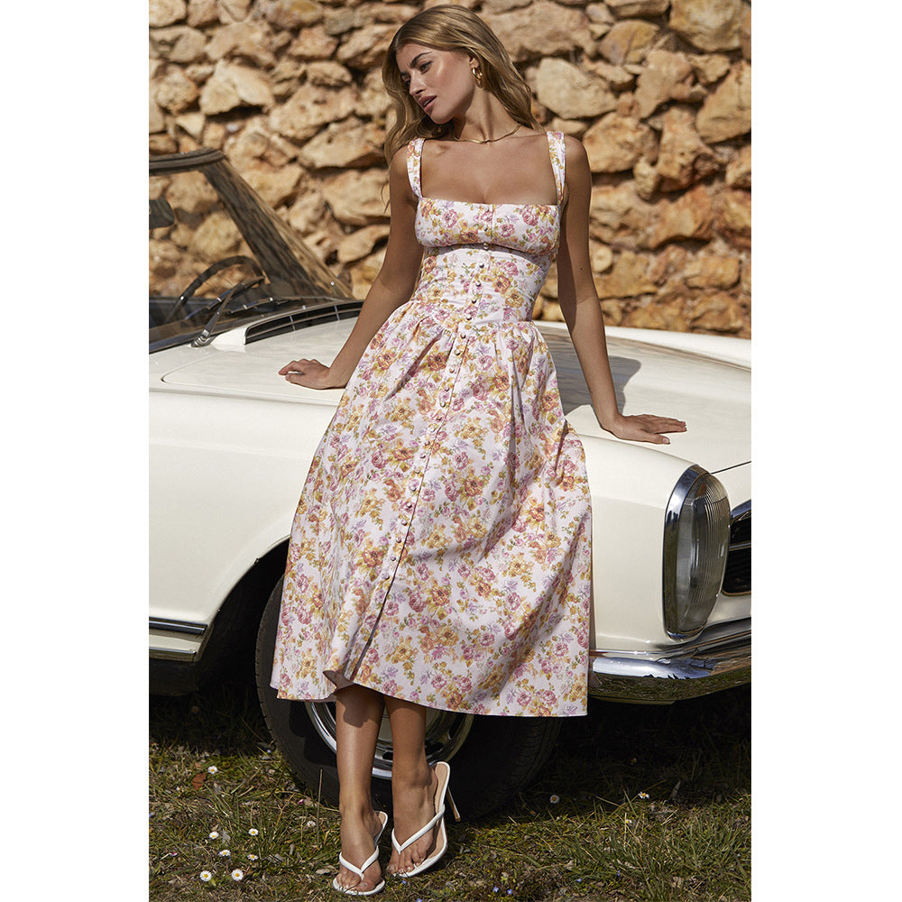 Dress Square Collar Cami Dress Slim Fit Backless Sweet Spicy Wind Floral Dress