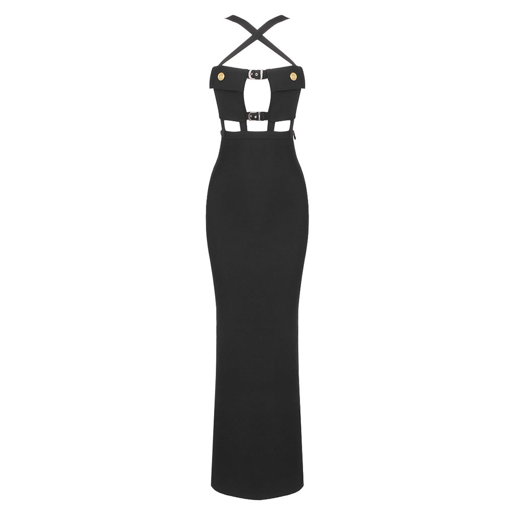 Black Cross Halterneck Pocket Dress Stretch Bandage One Piece Dress Suspender Dress