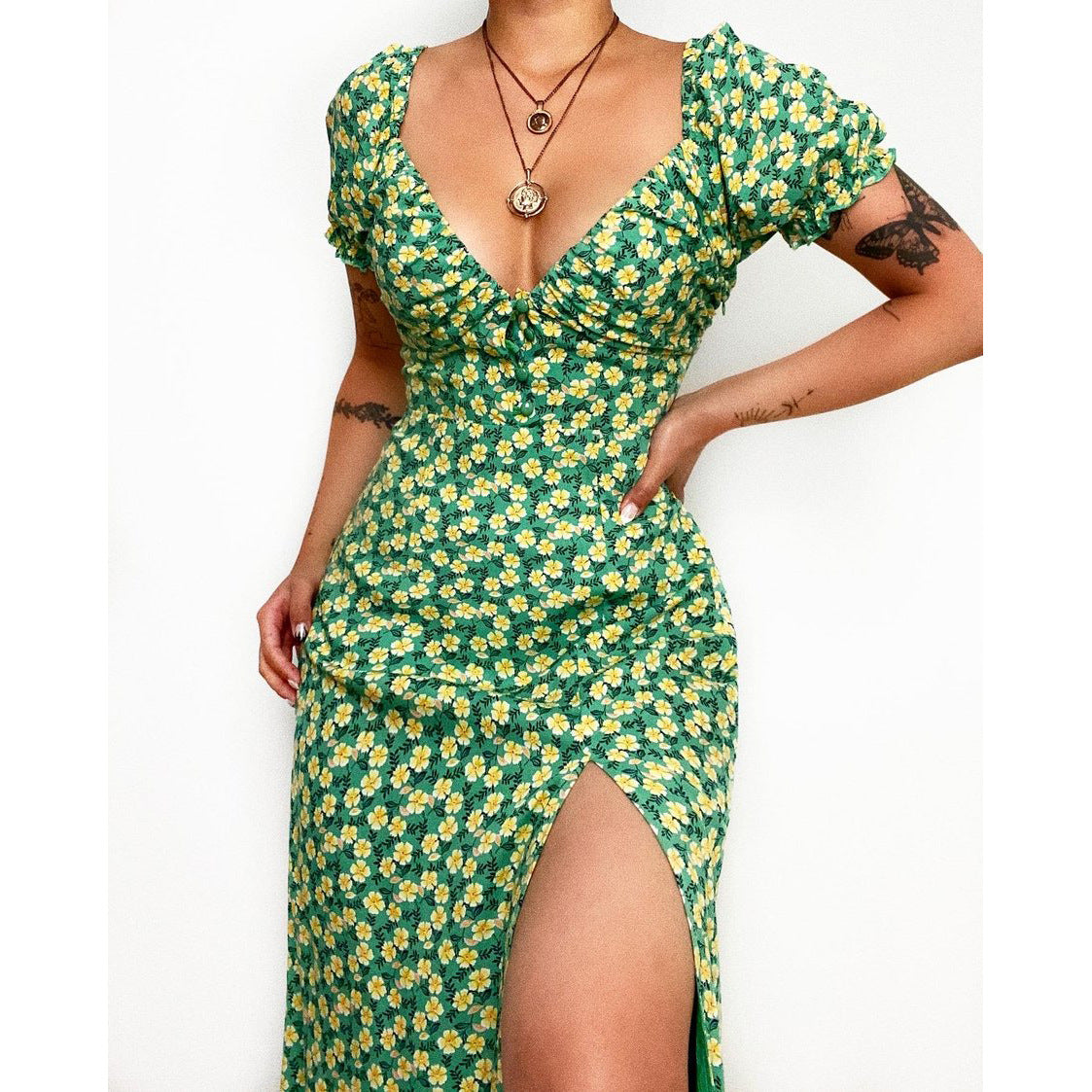 Floral Floral Print Fresh Sweet V - neck Mid - Length Dress