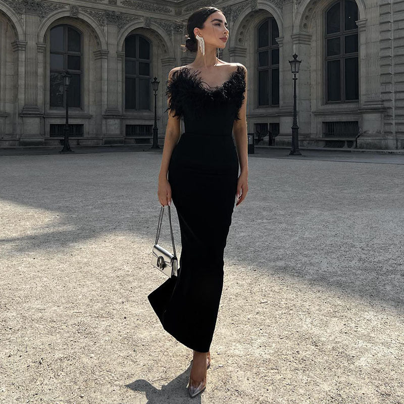 Tube Top Dress V - neck Woolen Fishtail Swing Dress