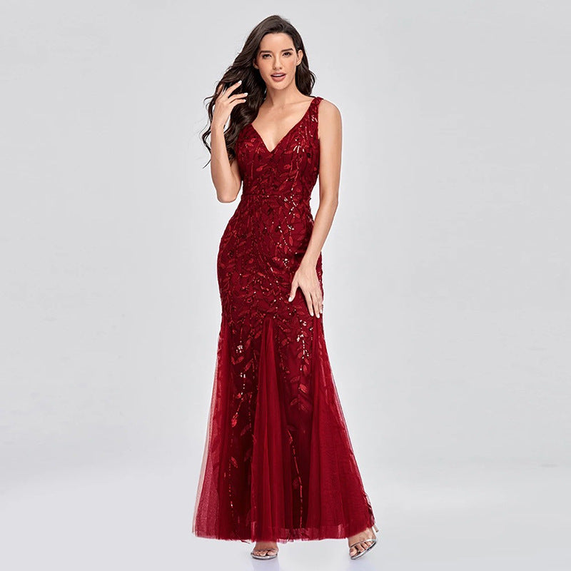 Evening Dress V neck Tulle Embroidered Sequ Mermaid Prom Formal Dress