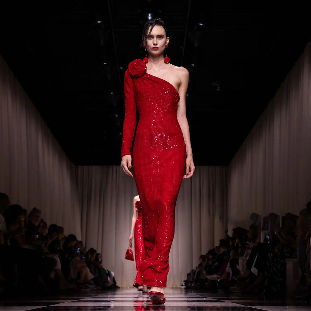 Christmas Red Three Dimensional One Shoulder Floral Sequin Formal Dress Stretch Dress Winter