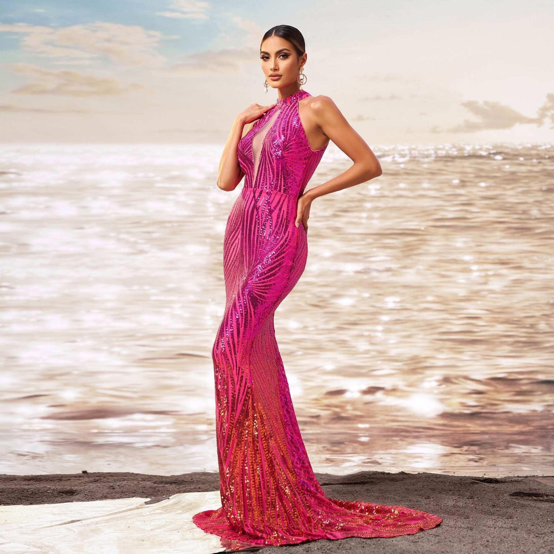 Off-shoulder slim fit hip sequined fishtail evening dress