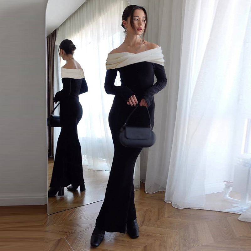 Color Matching off the Shoulder Waist Slimming Dress