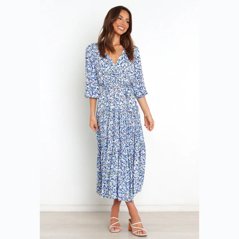 Floral Fresh Sweet Mid - Sleeve V neck Dress