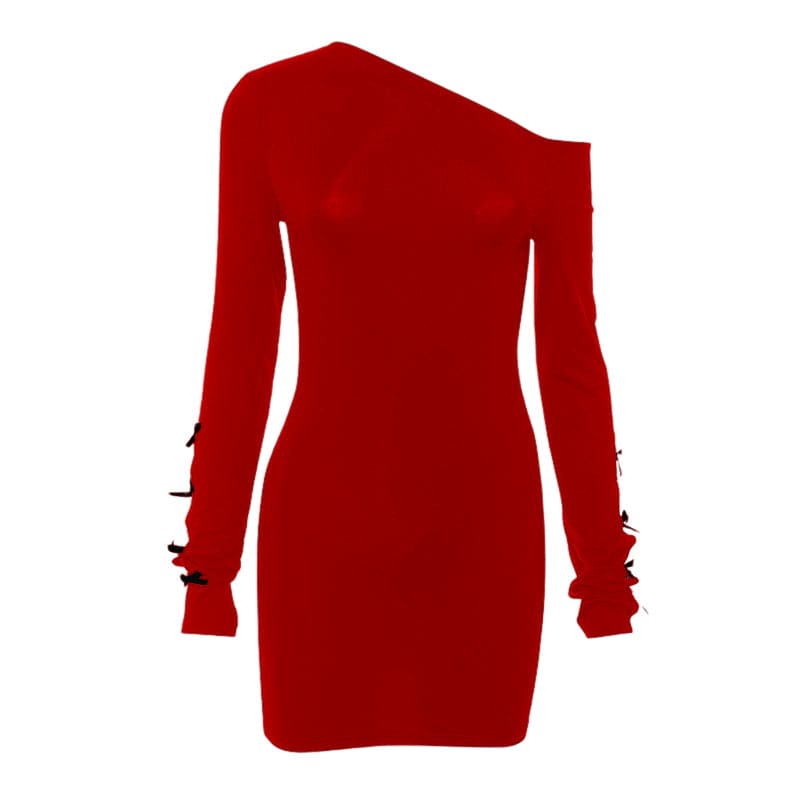 Long sleeve one shoulder irregular bowknot hollow out mini dress