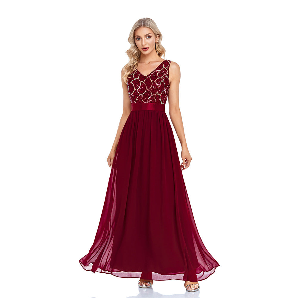 Double V Neck Sleeveless Sequined Chiffon Floor Length A Line Evening Dress Thirteen Party Dress