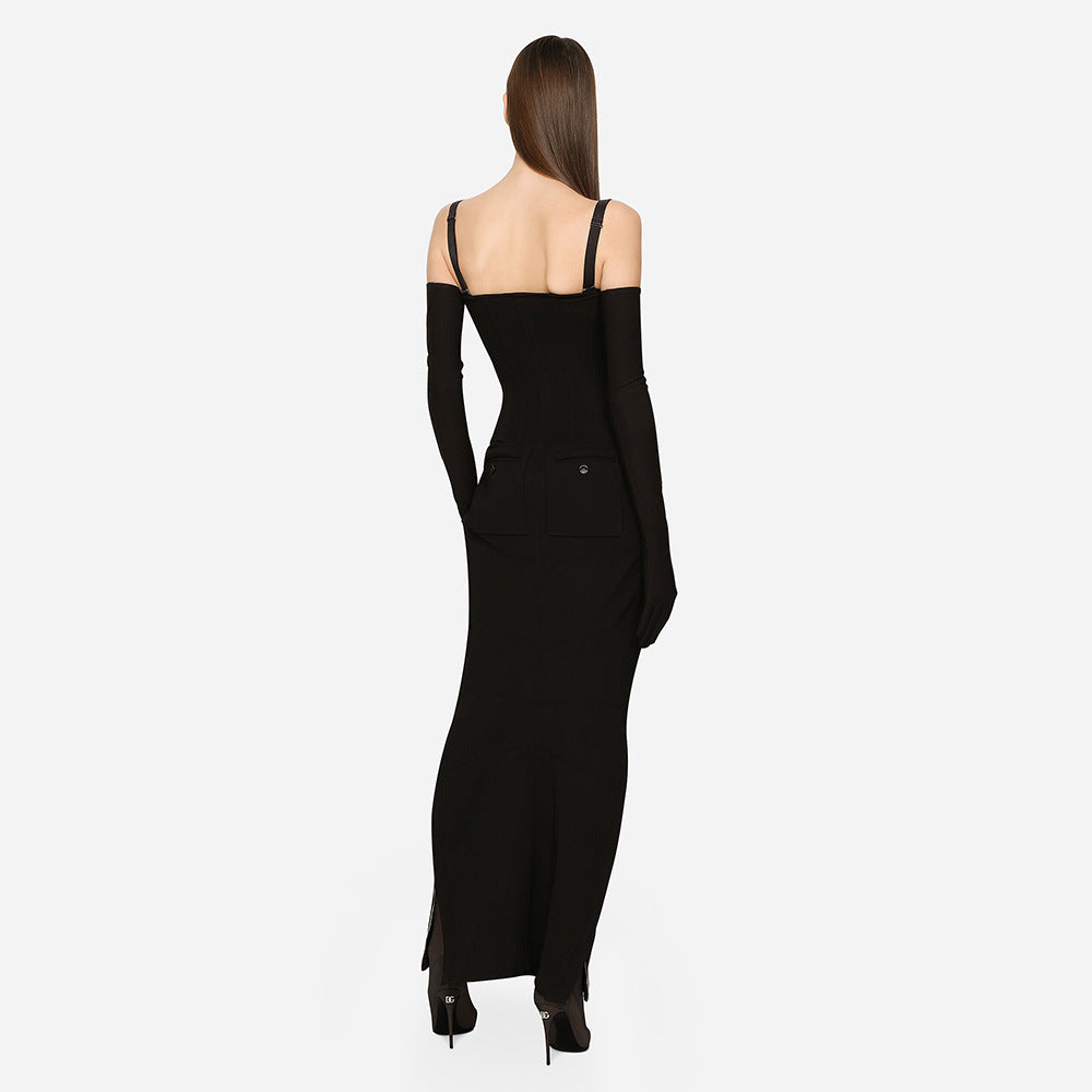 Black Strap Long Zipper Dress Gloves Dress