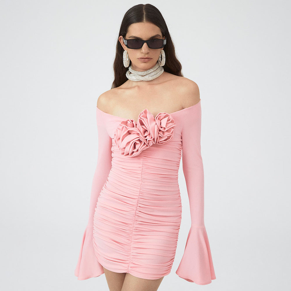 Pink Bell Sleeve Floral Dress Pleating Tube Top Dress Design