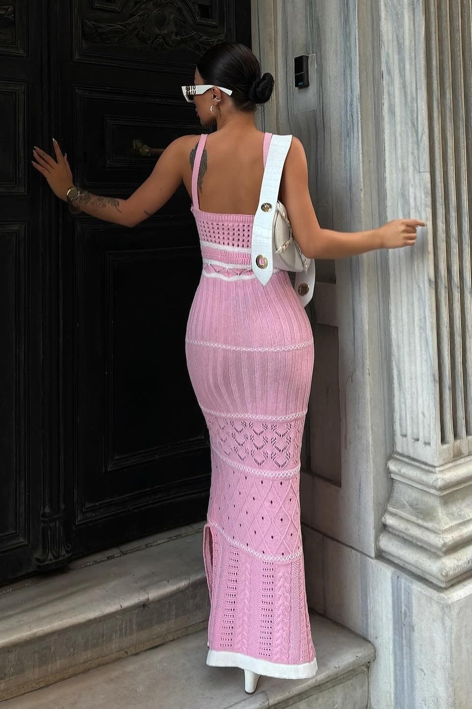 Yadira Aesthetic Knitted Maxi Dress with Slit and Cutouts Chic Silhouette Collection