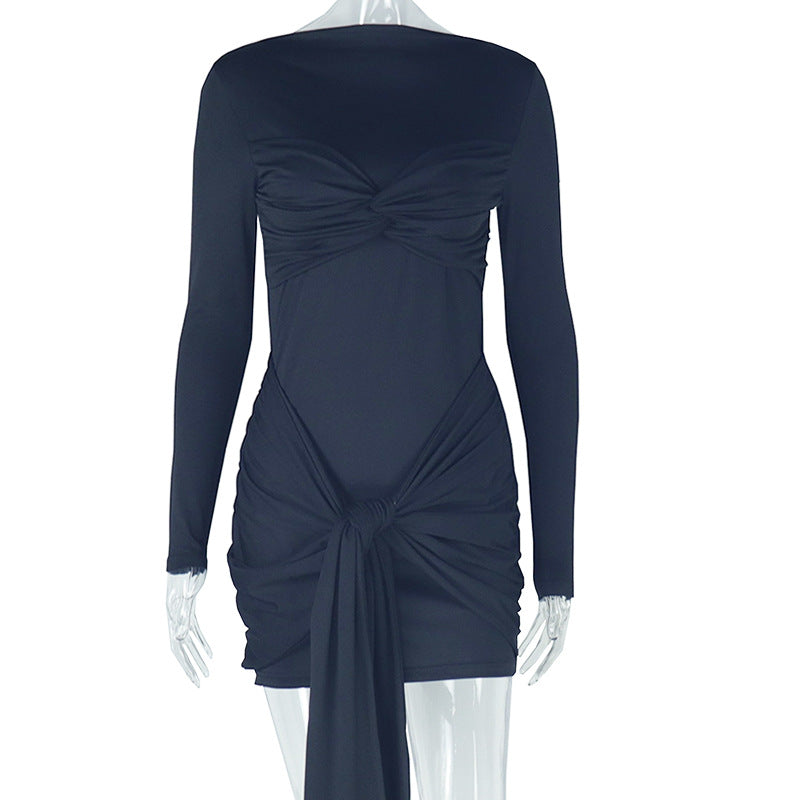 Elegant Stitching Solid Color Tied Bag Hip Long Sleeve round Neck High Waist Short Dress