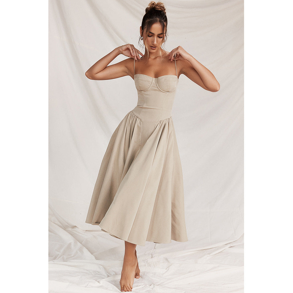 V neck Strap Mid Length Dress Waist Tight Slim Backless Dress for