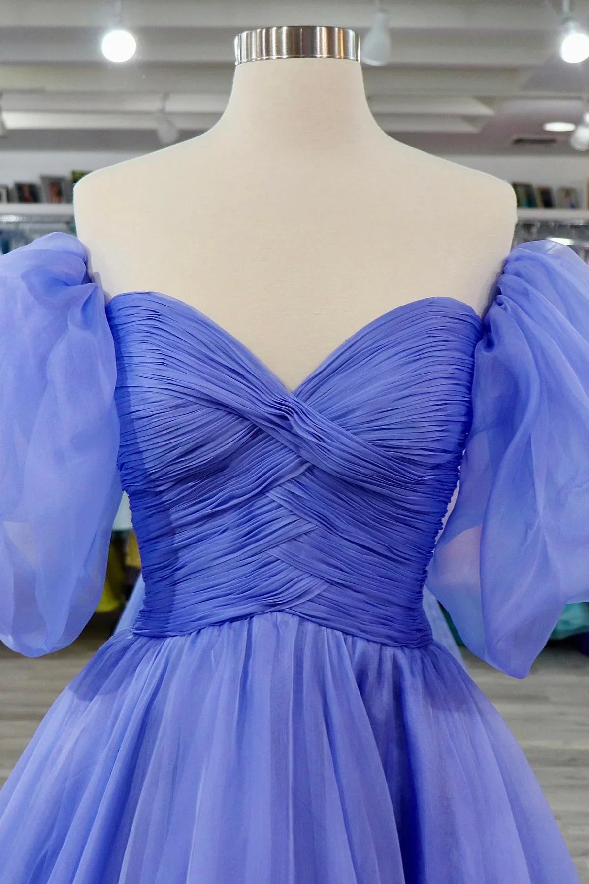 Lavender Tulle A-line Off-Shoulder Puff Sleeves Pleated Long Prom Dress - View 3 | VelvetHem