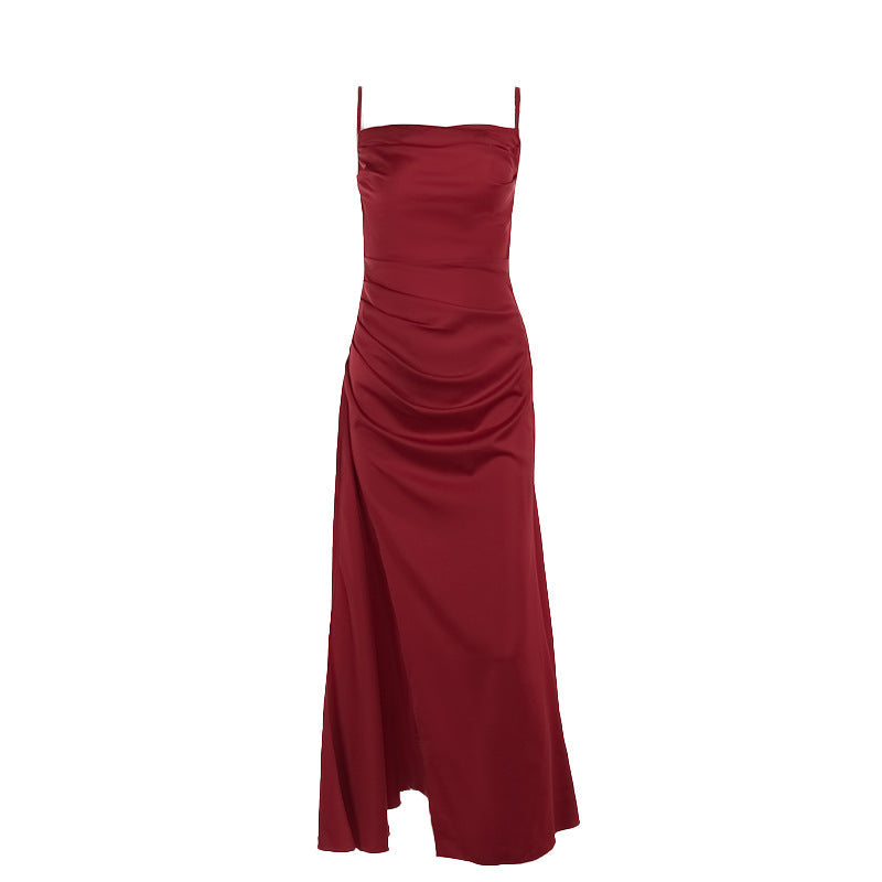 Slim Satin Pockets Collar Slit Formal Dress