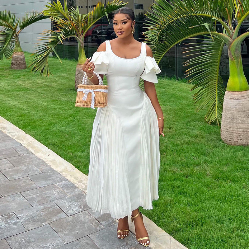 Elegant Elegant U Neck Ruffle Sleeve High Waist Oversized Swing Dress