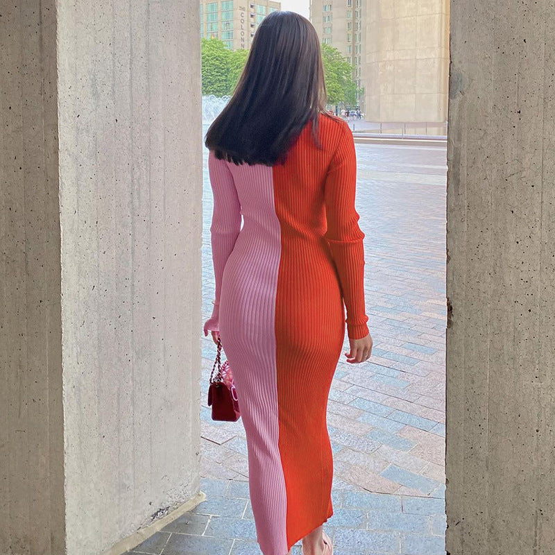 Abril Colorblock Button Front Knit Midi Dress Red Tan