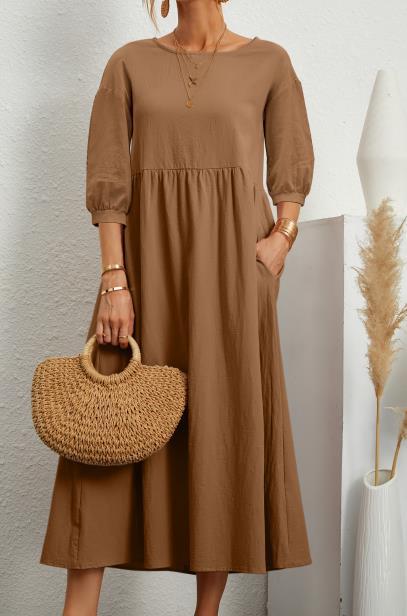 Sosa Cotton Pocketed Puff Sleeve Midi Dress Brown FINAL