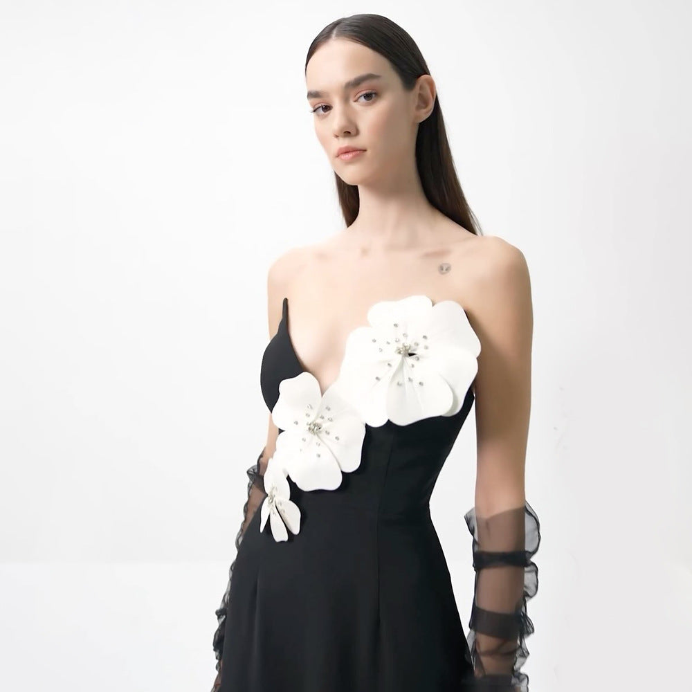 Black Tube Top Dress Floral Diamond Core Split off - Shoulder Design
