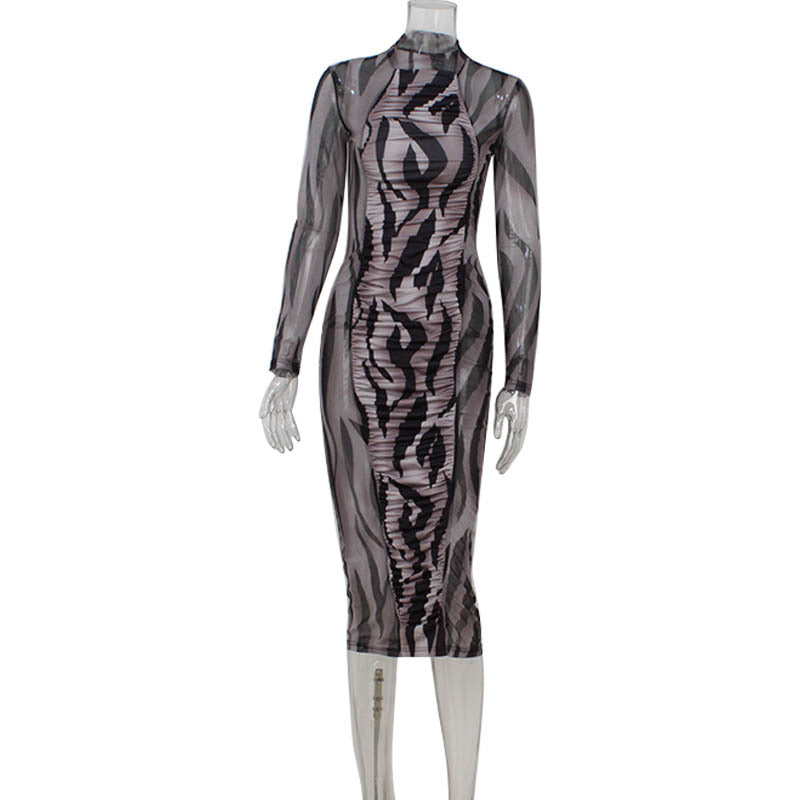 Slim Fit Mesh Floral Print Pleated Design Hip Long Sleeve Half Turtleneck Dress