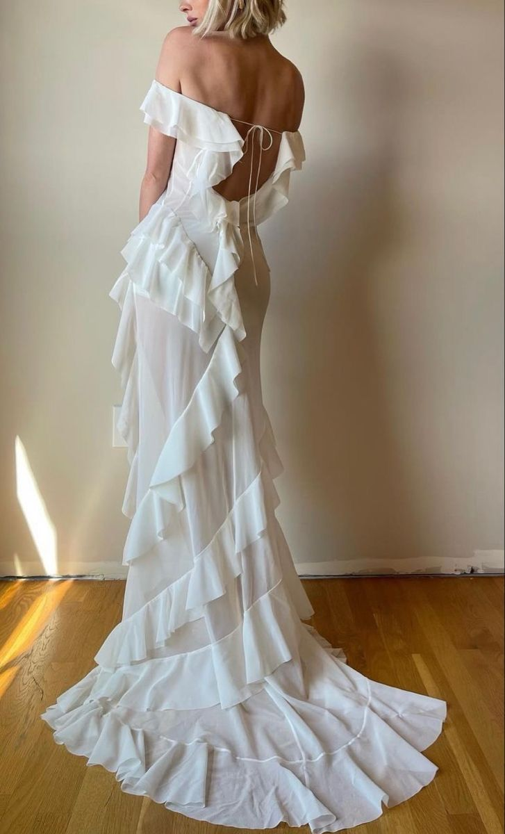 Sexy Off The Shoulder Pink Chiffon Ruffle Slit Long Party Dress Evening Gown Add Lining - View 7 | VelvetHem