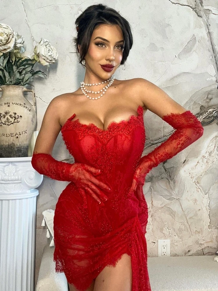 Red Lace Mini Homecoming Dress Red Party Gown Y7387 - VelvetHem