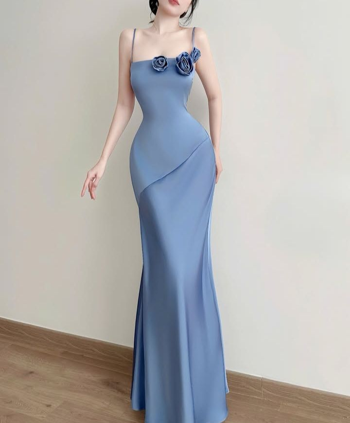 Classy Spaghetti Straps Blue Satin Mermaid Evening Dress Long Wedding Guest Dress