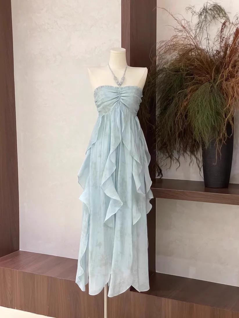 Classy Halter Chiffon Blue Party Dress Birthday Dress