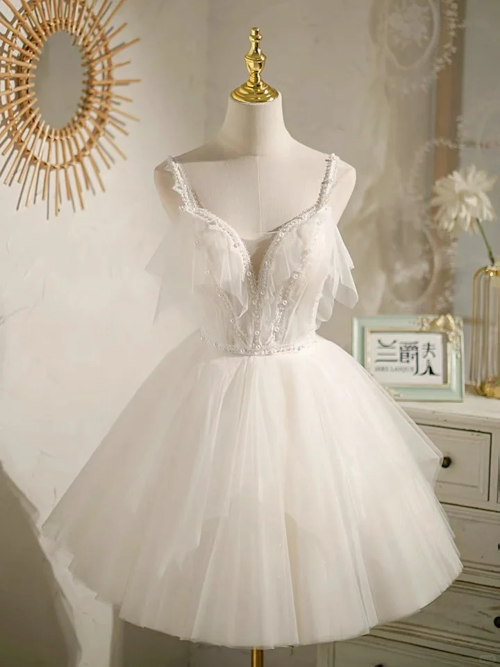 Beautiful Spaghetti Straps Tulle Beaded White ALine Short Homecoming Dress Mini 15th Birthday Outfits - VelvetHem