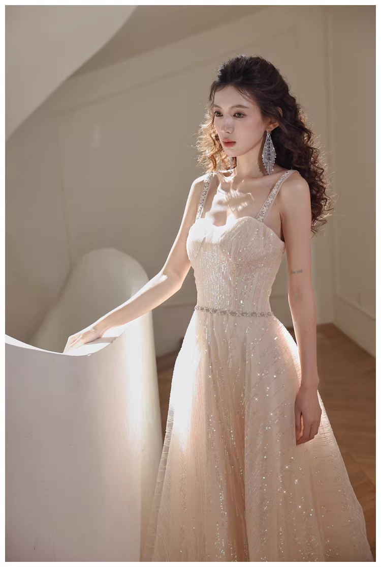 Elegant Light Champagne Tulle Sequin Beaded A Line Mid Length Birthday Prom Dress Evening Gown - View 10 | VelvetHem