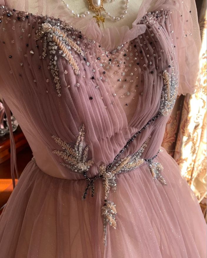Sweet Tulle Sequin Beaded Ball Gown Pink Long Evening Dress Birthday Party Dress - View 6 | VelvetHem